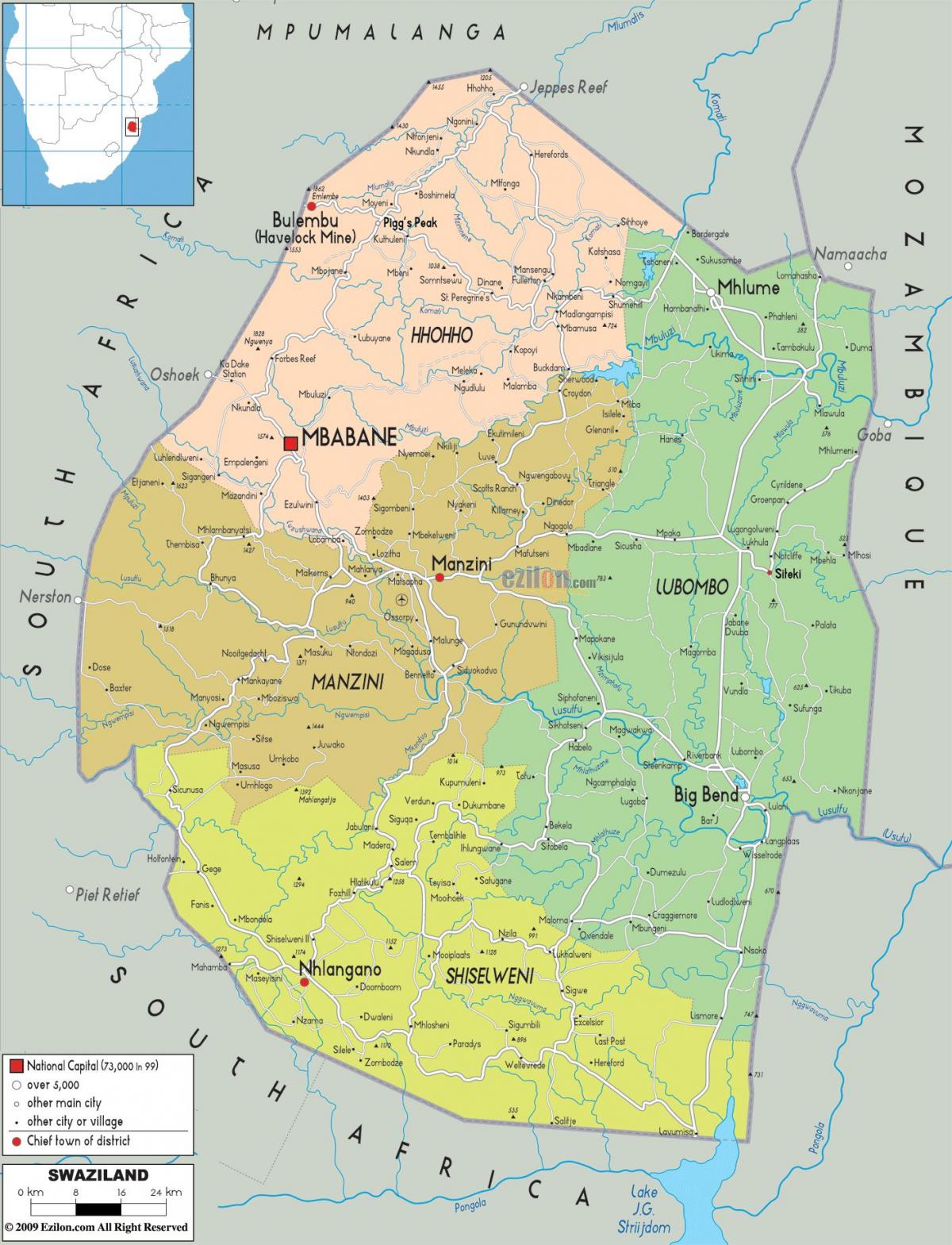 Карта на манзини Свазиленд